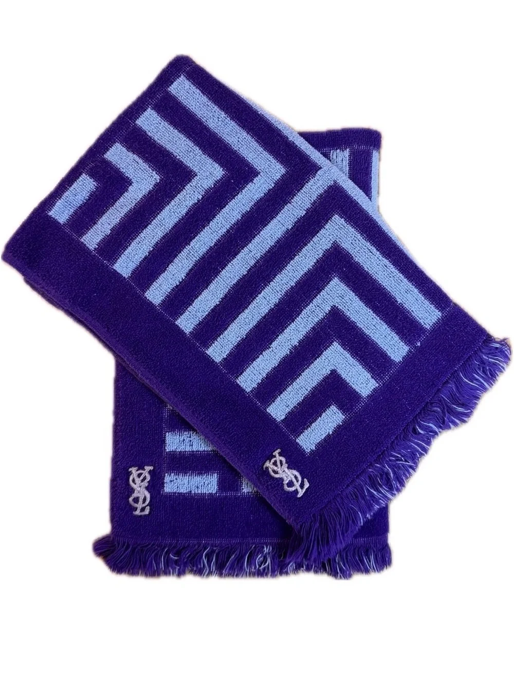 Vtg YSL Yves Saint Laurent Fieldcrest Hand Towel Set 2 FringePurple/Teal Stripe